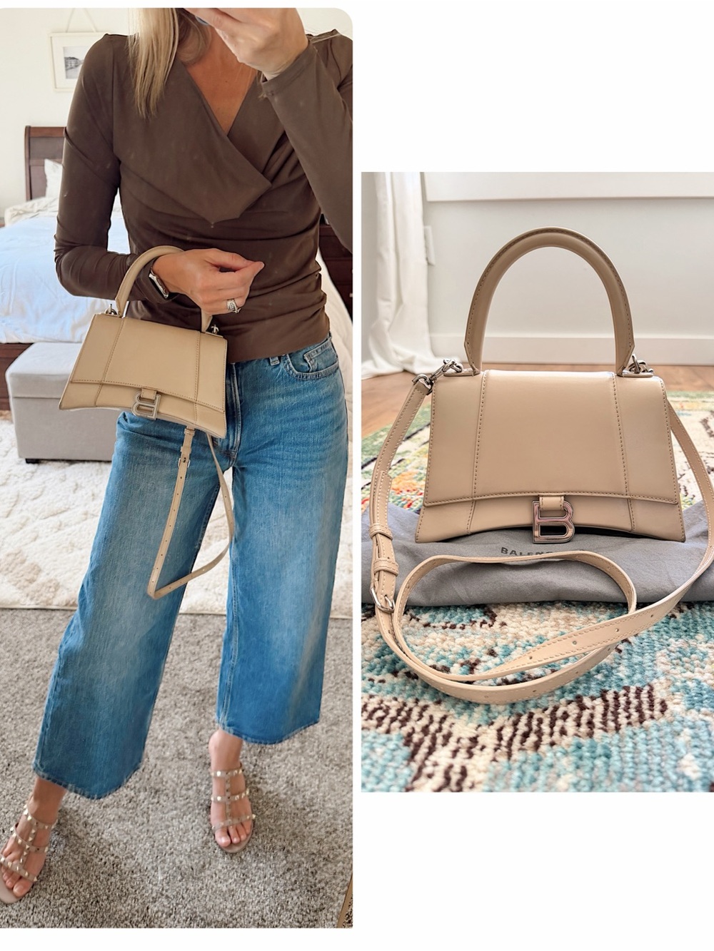 Balenciaga calfskin leather small hourglass nude beige crossbody top handle bag